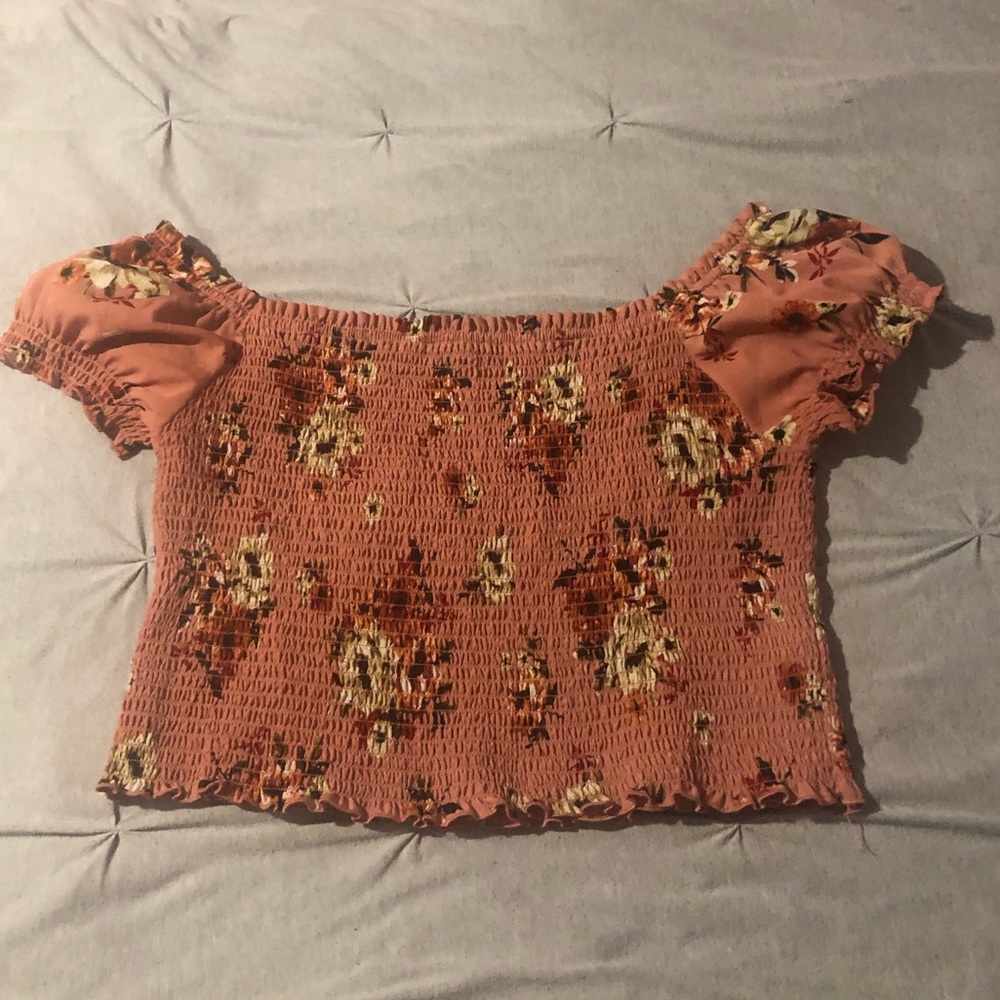 Forever 21 Womens Top Plus 2X Pink Floral Shirred Elastic Off Shoulder Crop